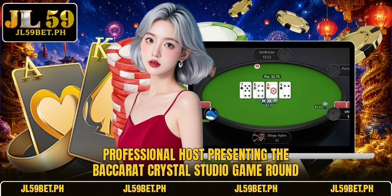 Professional host presenting the Baccarat Crystal Studio game round